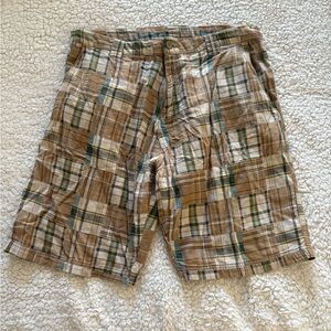 Burnside Plaid Cargo Shorts in Tan and Green